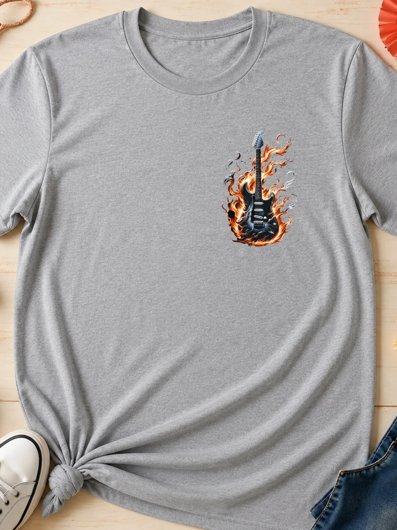 Men's Casual Graphic Tee Short Sleeve Fashion Streetwear T Shirt Printed With A Cool Electric Guitar Wrapped In Blazing Flames D