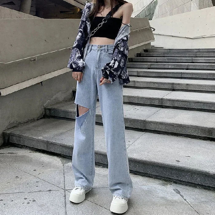 Women Hole Jeans Wide Leg Pants High Waist Vintage Full Length Pockets Button Distressed Straight Trousers 2024 Casual Denims