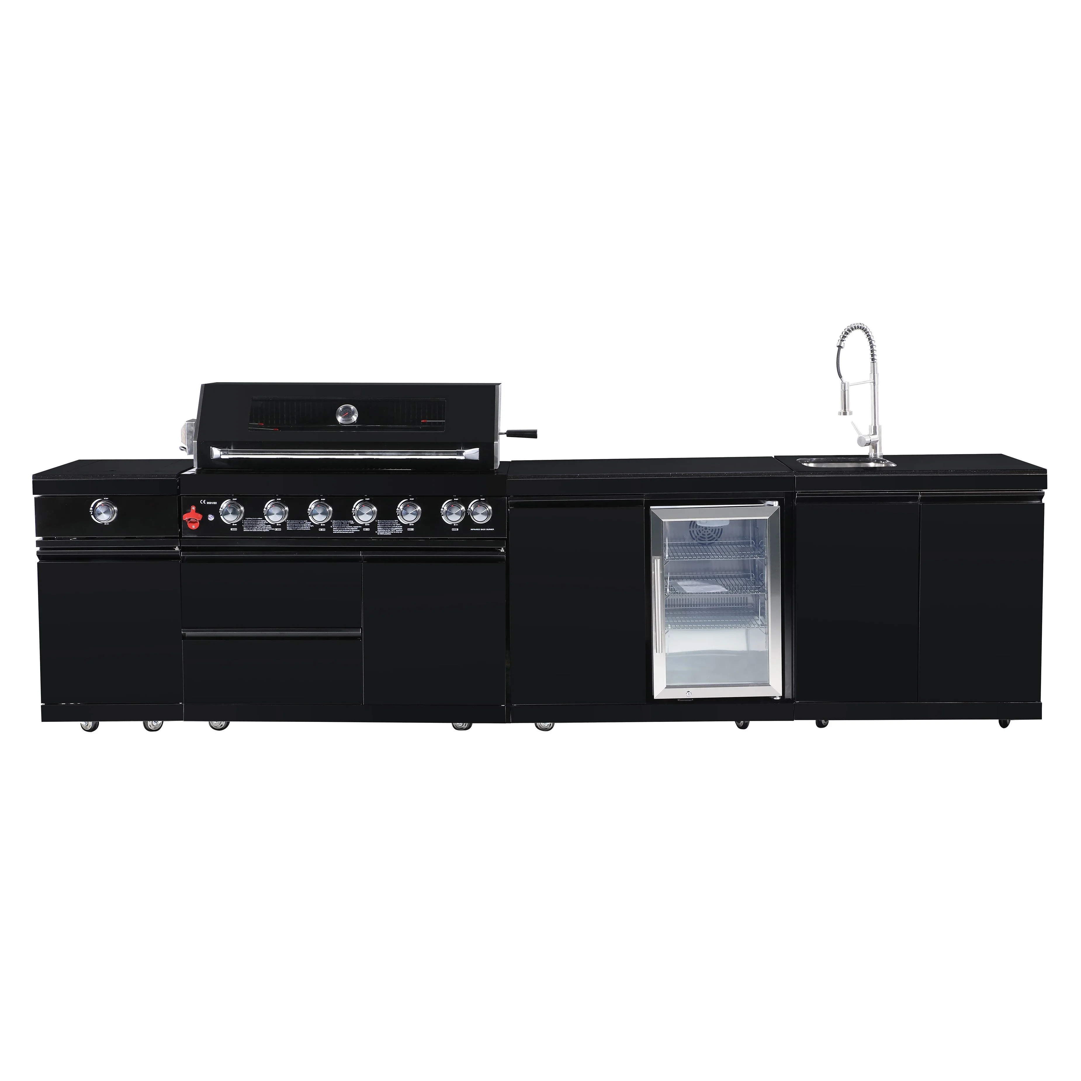 304 Black Stainless Steel 6 Burner Outdoor Grill Kitchen With Side Burner And Sink