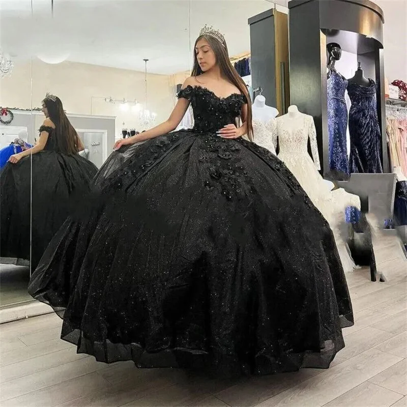 

Блестящие платья Quinceanera 15, пышное 3D цветочное платье Sweet 16, мексиканское черное вечернее платье для выпускного вечера на день рождения, корсет с открытыми плечами, Vestio De