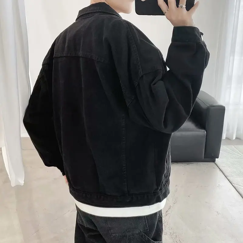 Black Denim Short Jacket Men Turn Down Collar Bomber Jacket Jeans Coats Casual Pockets Overalls Streetwear Man Clothing Outwear