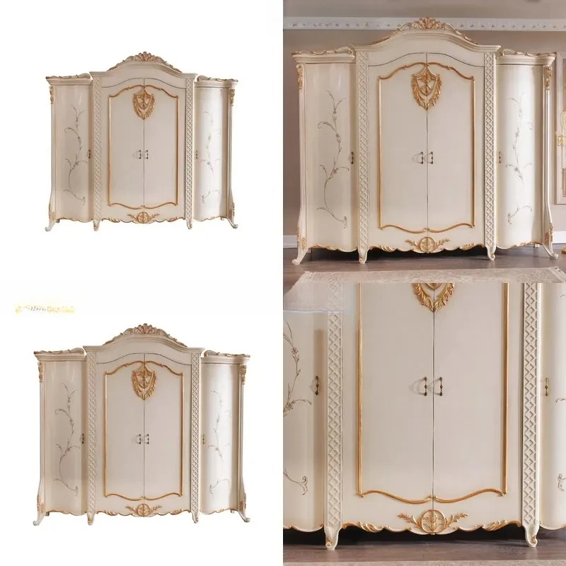 Exquisite White Solid Wood Four Door Wardrobe French Country Style Storage Cabinet for Bedroom Home Furniture