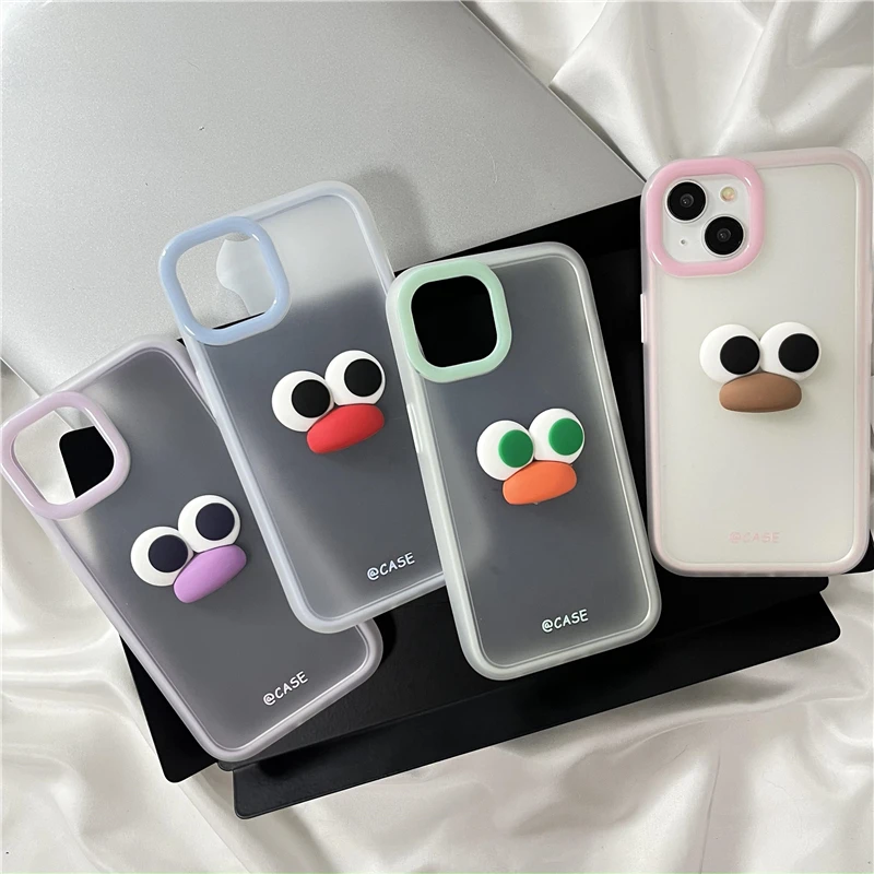 Cartoon Phone Case For Iphone 15 14 13 12 Pro Max 3D INS Big Eye Duckbill Jelly Two-Tone Set Full Coverage Phone Cover