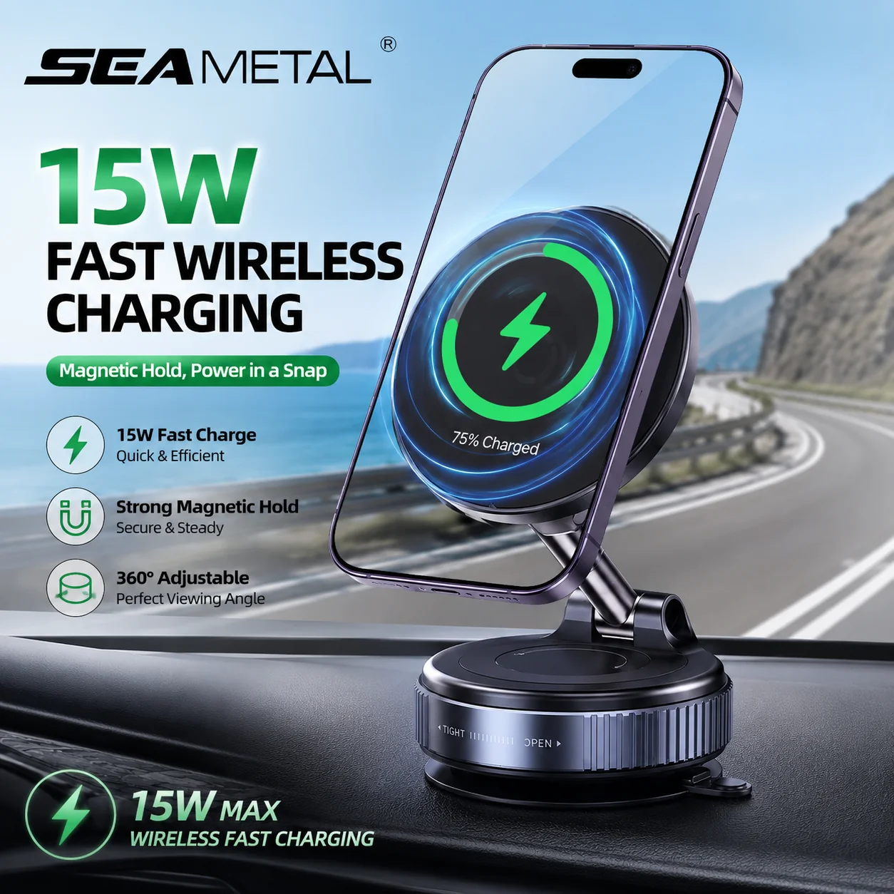Suporte magnético forte para telefone de carro SEAMETAL dobrável 360 °   Carregador sem fio com sucção a vácuo de 15W para aplicação em múltiplos cená