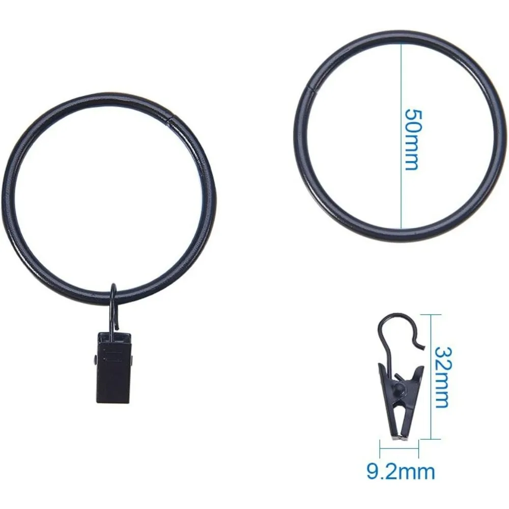 25 Pack Iron Drapery Curtain Clips Rings, 1.2 Inch Interior Diameter Curtain Rings with 1.2 Inch Clips for Curtain, Black