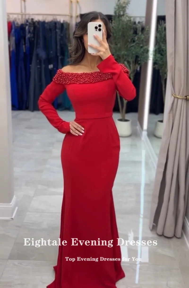 Suknia wieczorowa Eightale w stylu arabskim, dekolt okrągły, suknia balowa, szyta na miarę, długie rękawy, zdobiona koralikami, muzułmańska suknia ślubna typu syrena na przyjęcie.