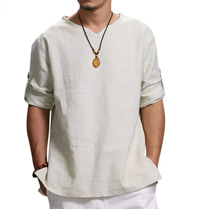 Men's V Neck Cotton Linen Shirts 2024 Brand New Roll Sleeve Beach Yoga Men Casual Chemise Homme