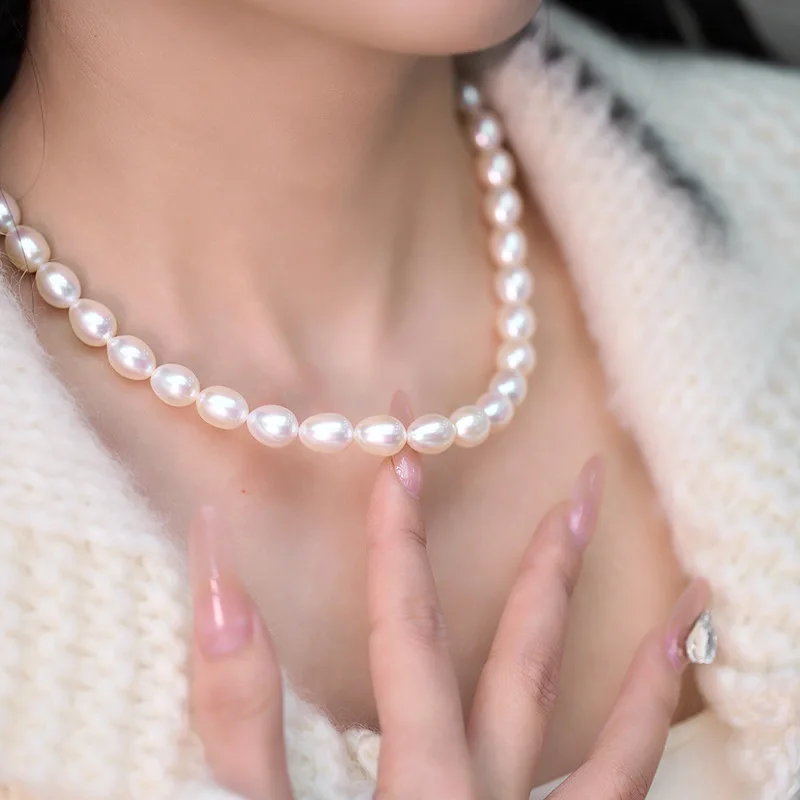 9-10mm Natural Freshwater Pearl Necklace, Rice Shape Strong Luster Almost Flawless, Translucent Pearl Jewelry Gift