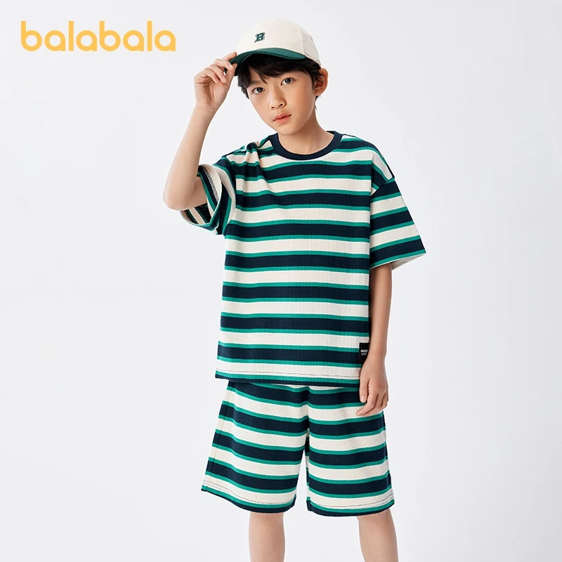 Balabala Children Clothing Set Boys 2024 Summer New Collection for Mid to Big Kids Two-Piece Set with Color Blocking