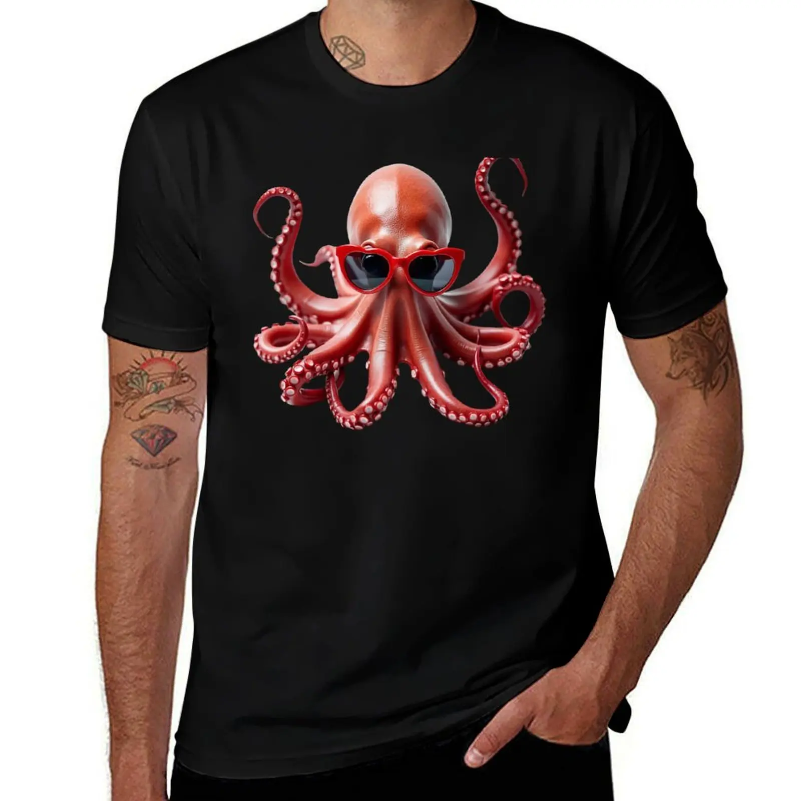 Funny cool Octopus wearing heart shape sunglasses T-Shirt Holiday All Match T-Shirt