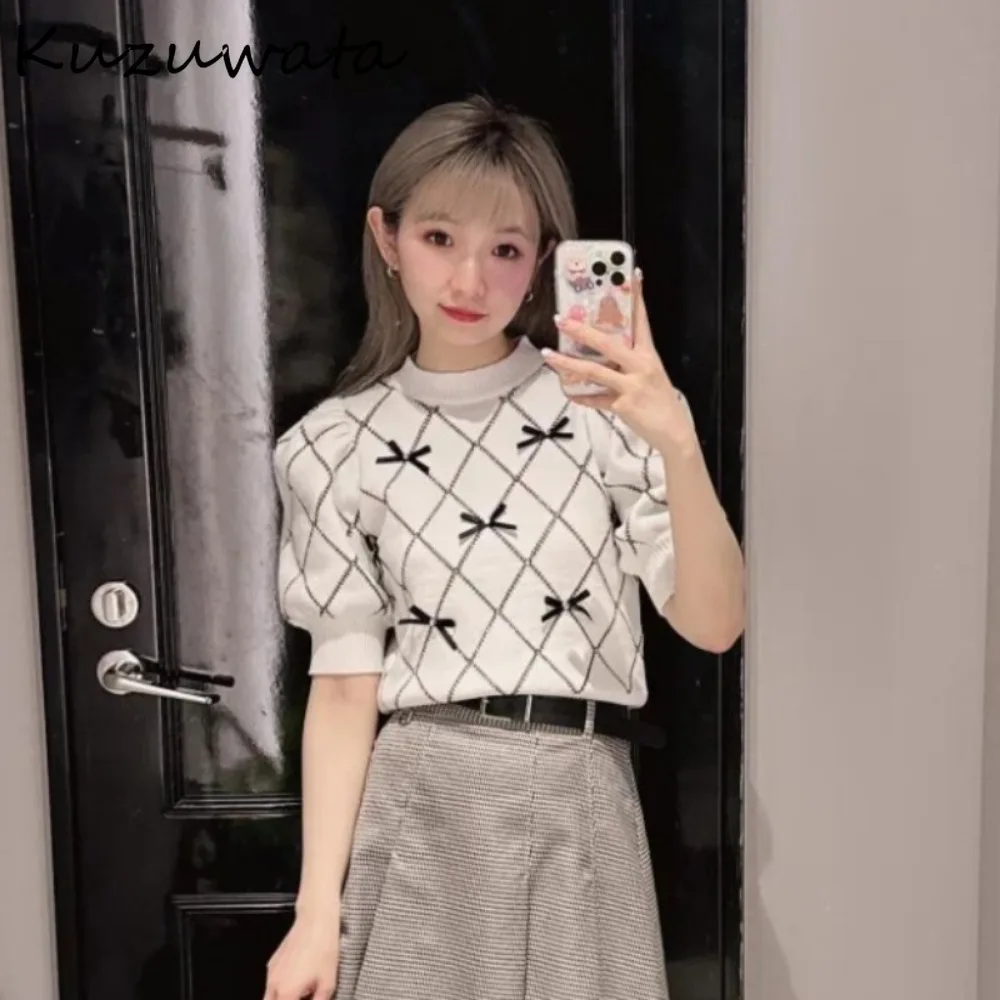 Kuzuwata Sweet O Neck Puff Sleeve Pullover Jumper Plaid Bow Elegant All-match Sweaters Japan New Pearl Knit Patchwork Pull Femme