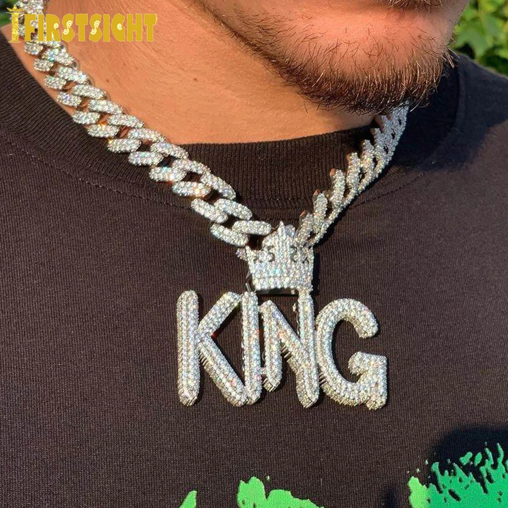

New Iced Out Bling Crown Badge CZ Letter King Pendant Necklace Cubic Zirconia Fist Power Charm Men Fashion Hip Hop Jewelry