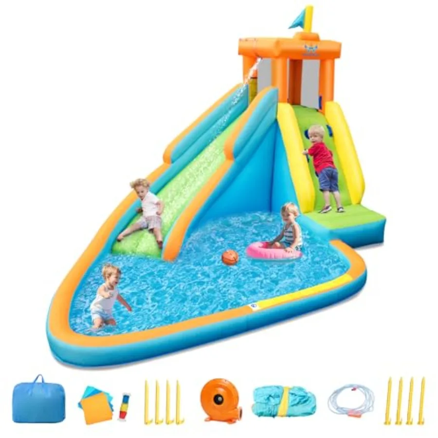 

Надувная водная горка 3-в-1 с батутом, скалодромом и бассейном для использования на открытом воздухе, включая сумку для переноски