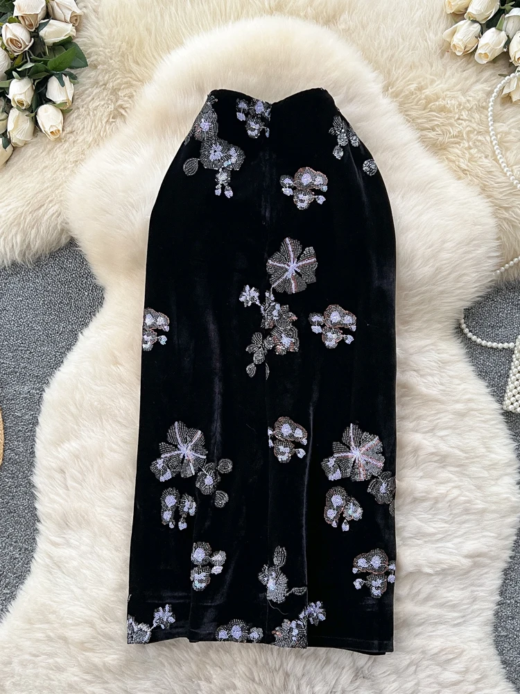 Ele الثقيلة التطريز الترتر المخملية عالية الخصر المرأة تنورة Ci تخفيف ألف خط صورة ظلية الوقوف صالح الصيف تنورة #4