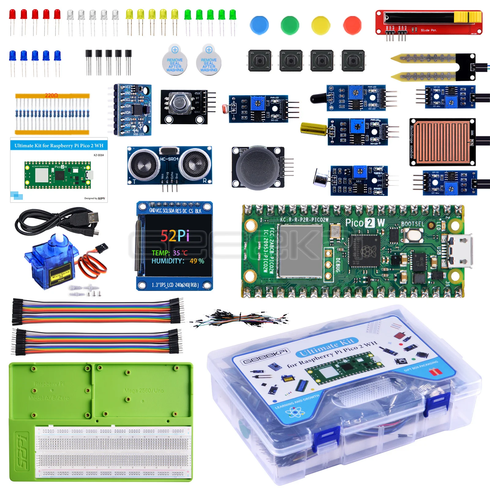 GeeekPi Raspberry Pi Pico 2 WH Ultimate Starter Kit Programming Experiment Breadboard LED Sensor DIY