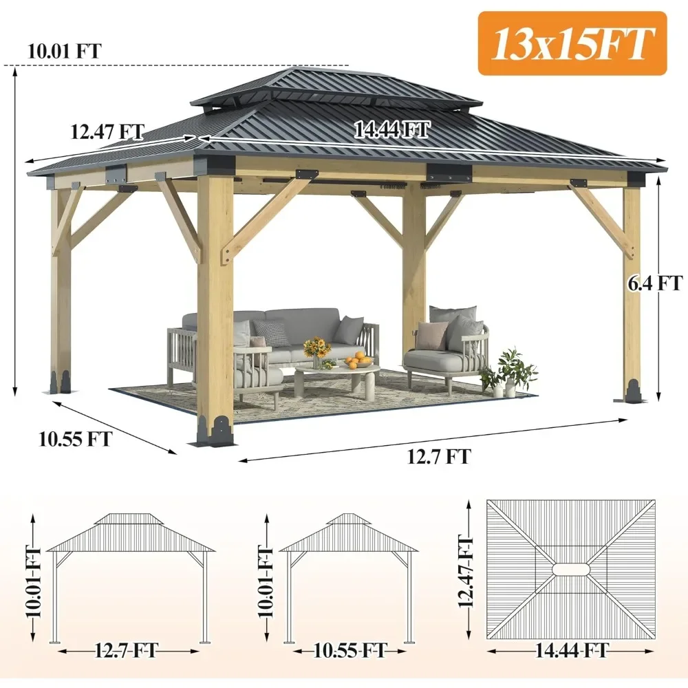 13’x15’ Gazebo - Patio Galvanized Steel Gazebos with Double Vented Roof, Heavy-Duty Cedar Wood Gazebo for Garden