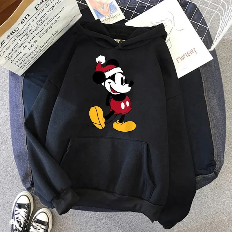 2024Disney Anime Cartoon Hoodie Fashion Pattern Mickey Mouse Printed Black Hoodie Loose Long Sleeve Men\'s and Women\'s Sportswear