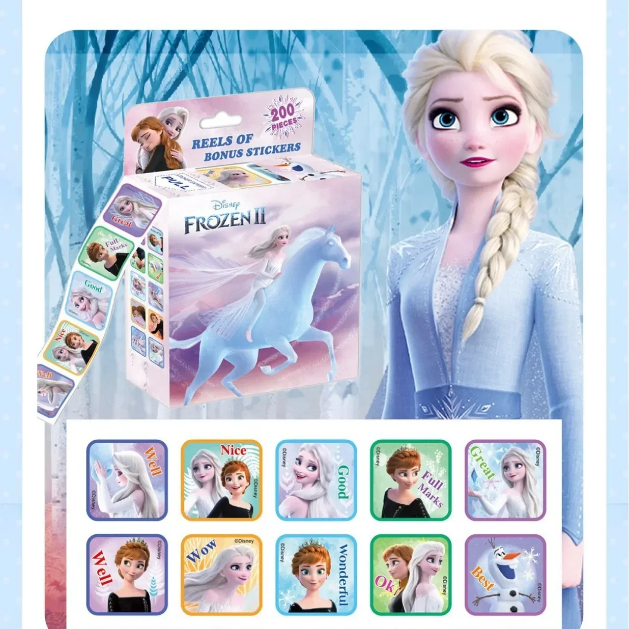 200 Uds. Pegatinas de desplazamiento de dibujos animados de Frozen de Disney figuras de Anime princesa Elsa McQueen Mickey pegatina de bonificación para jardín de infantes regalo juguete para niños