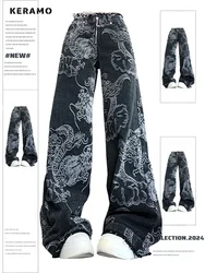 Y2K Baggy Dragon Print Denim Trouser Women's Washed Vintage Casual Emo Pants Grunge Street Retro High Waist Loong Trashy Jeans