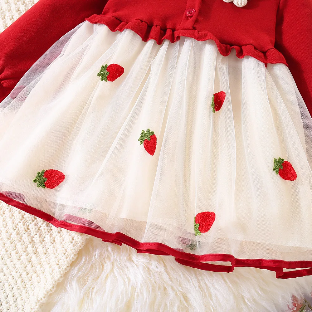 Spring and Autumn Girls\' Dress Baby Girls\' Solid Color Long Sleeve Top Spliced Strawberry Embroidery Mesh Dress