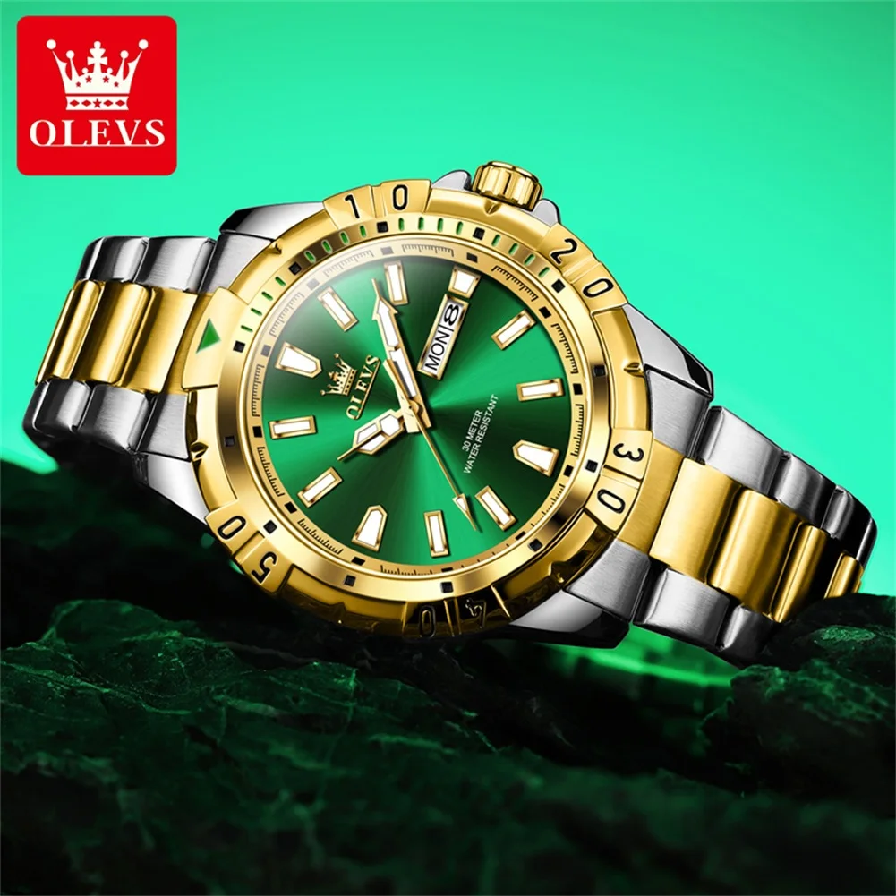 OLEVS Top Brand Quartz Wrist Watch for Men Green Luminous Diving Series Stainless Steel Waterproof Men\'s Watches 2023 Trend