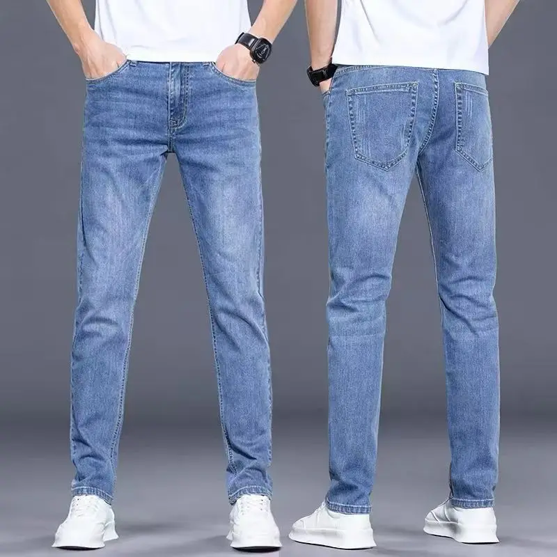 

Весенние светло-голубые узкие джинсы, стильные повседневные джинсовые брюки из эластичной ткани, классические мужские обычные классические деловые узкие брюки