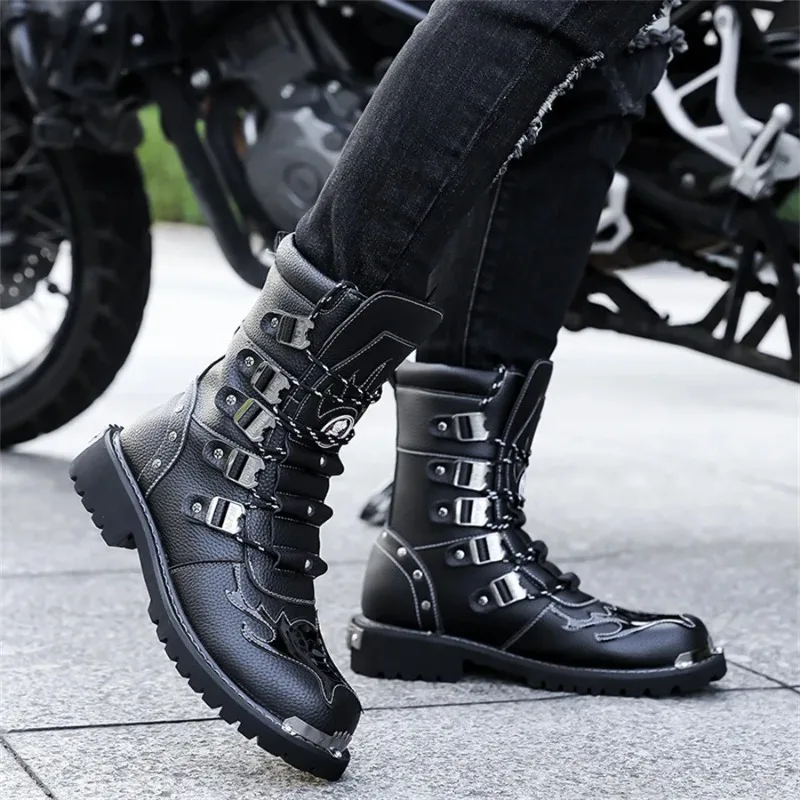 

High Quality Men's Boots Fashion Punk Rock Style Motorcycle Boots Luxury Mid-Calf Leather Boot Mens Knight Boots Botas Masculino