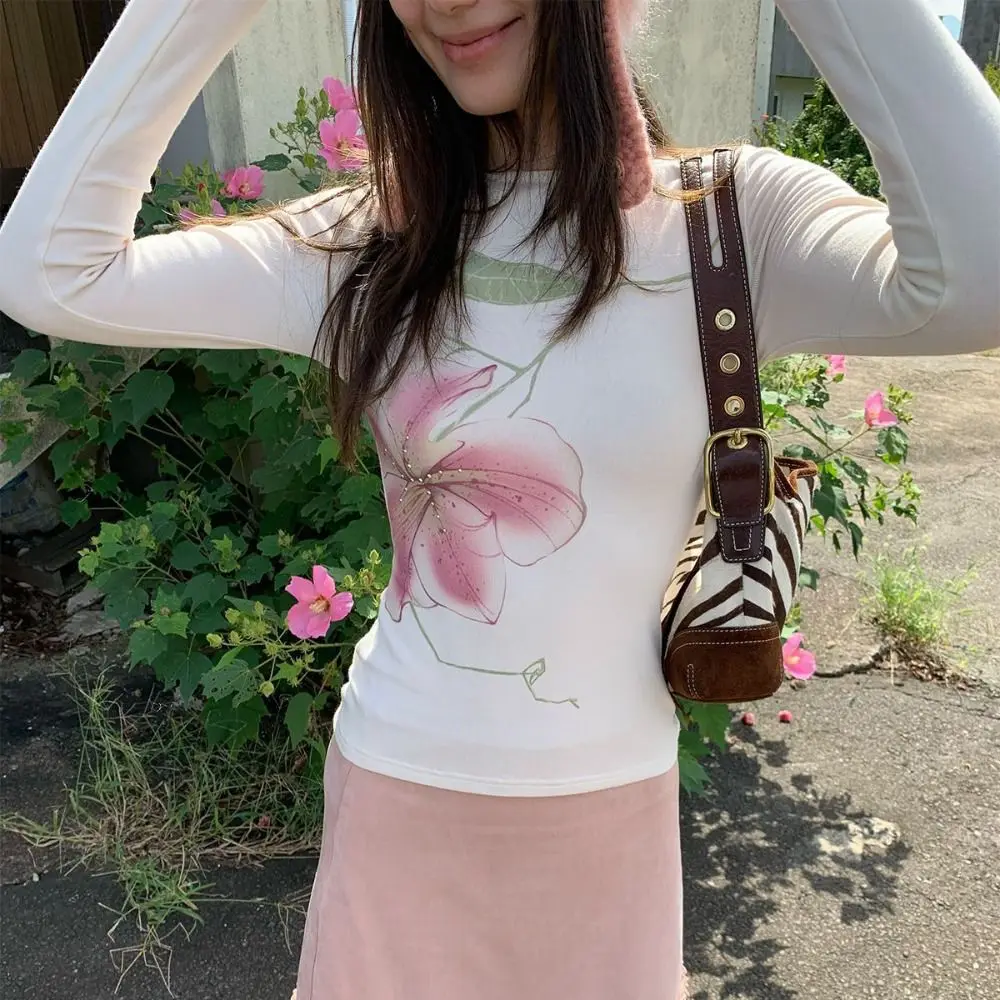 

Stylish Rhinestone Floral Long Sleeve T-shirt Chic Korean Style Slim Fit Top Ladies Clothing Sweet Y2k Crop Tops Spring