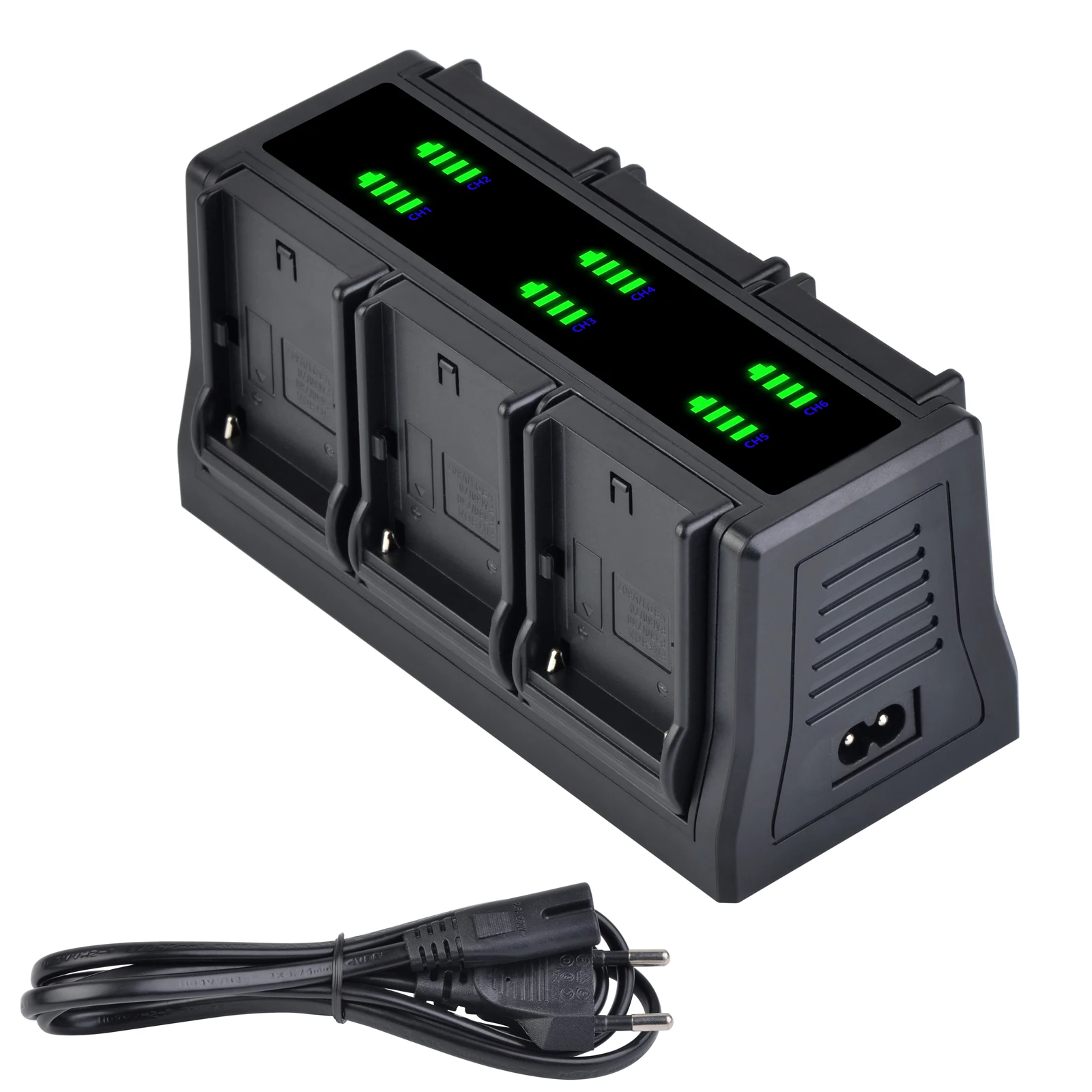 Fast Charger for NP-F970, NP-F960, NP-F750, NP-F550, NP-FZ100, LP-E6, EN-EL15, NP-W235, 6-Channel Charger with Changeable Plate