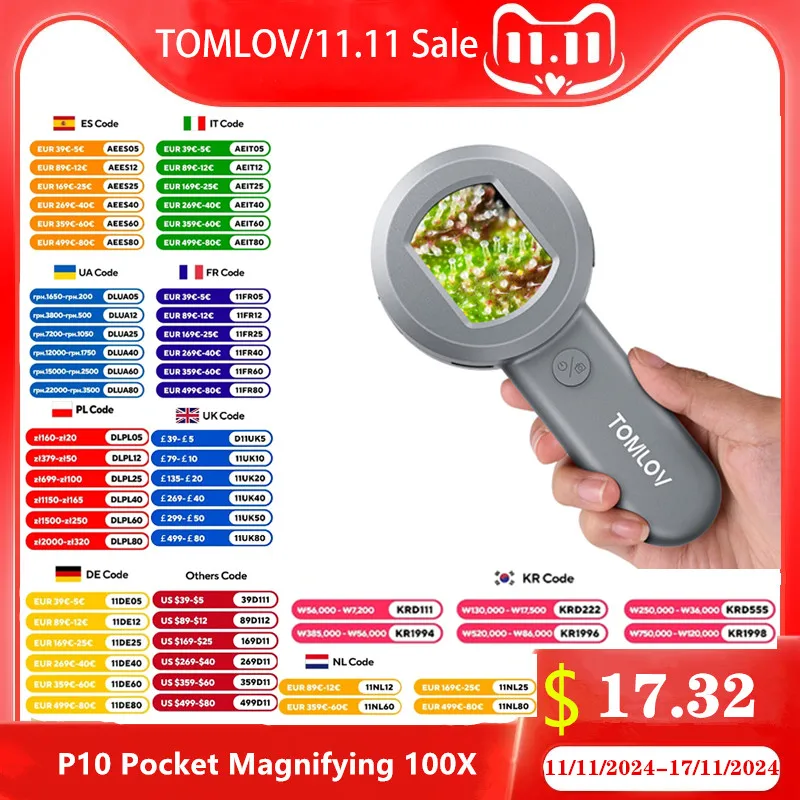 Tomlov-lupa Portátil para Crianças Joalheiros Lupa com Lupa de Tela Microscópio Portátil Lupa de Bolso P10 100x
