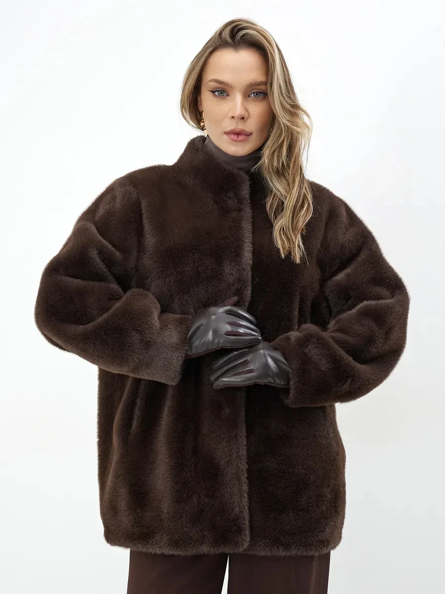 2026 Autumn Winter Women Faux Mink Fur Jacket Stand Collar Hidden Snap Mid Length Fluffy Coat