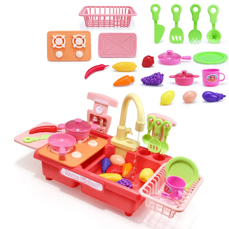 Kitchen Mini Sink Toy Children Pretend Play Simulation Fruits Food Cooking Water Wash Set Education Toys For Girl Birthday Gifts