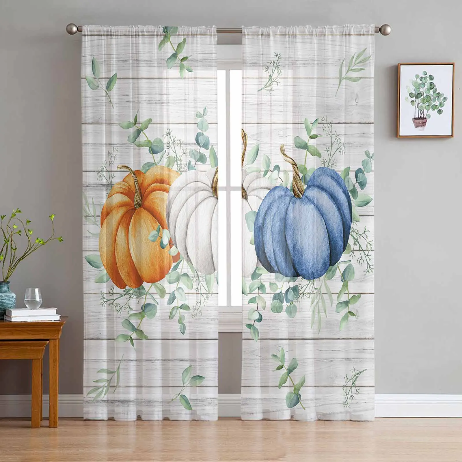 

Thanksgiving Pumpkin Eucalyptus Wood Grain Sheer Curtains For Living Room Window Transparent Voile Tulle Cortinas Drapes Home