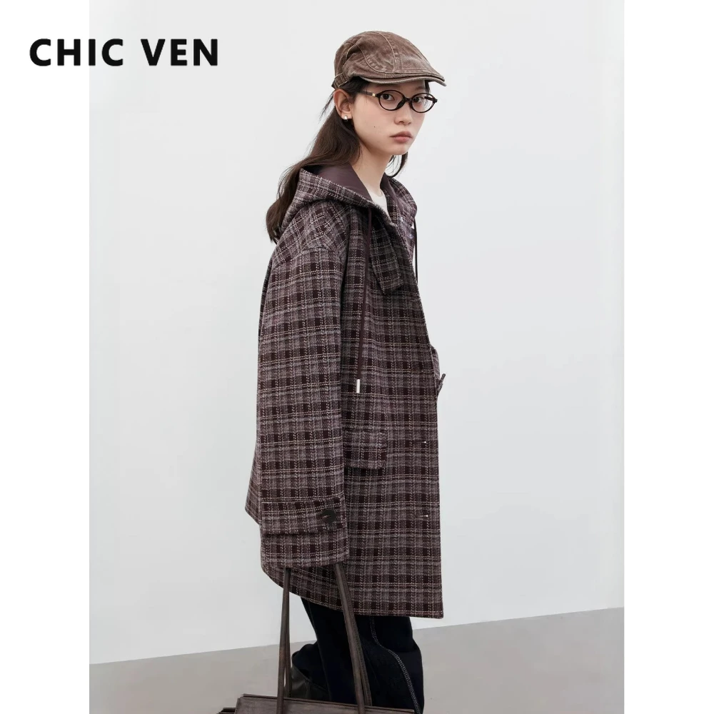 

CHIC VEN Women Woolen Coats Retro Hooded Drawstring Plaid Loose Warm Quilted Coat Fashion Lady Clothing Spring Autumn New 2026