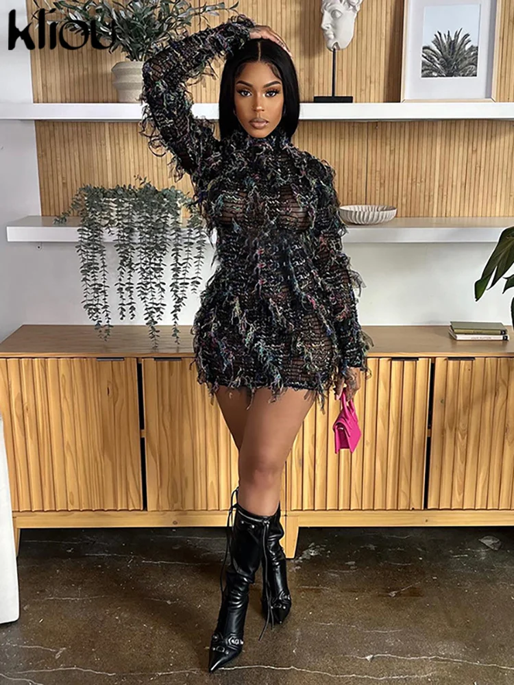 فستان قصير مرقع مكشكش من Kliou فستان نسائي مخطط مكدس للخريف بأكمام طويلة ورقبة دائرية ثقوب أنيقة ملابس خروج نسائية عصرية #4