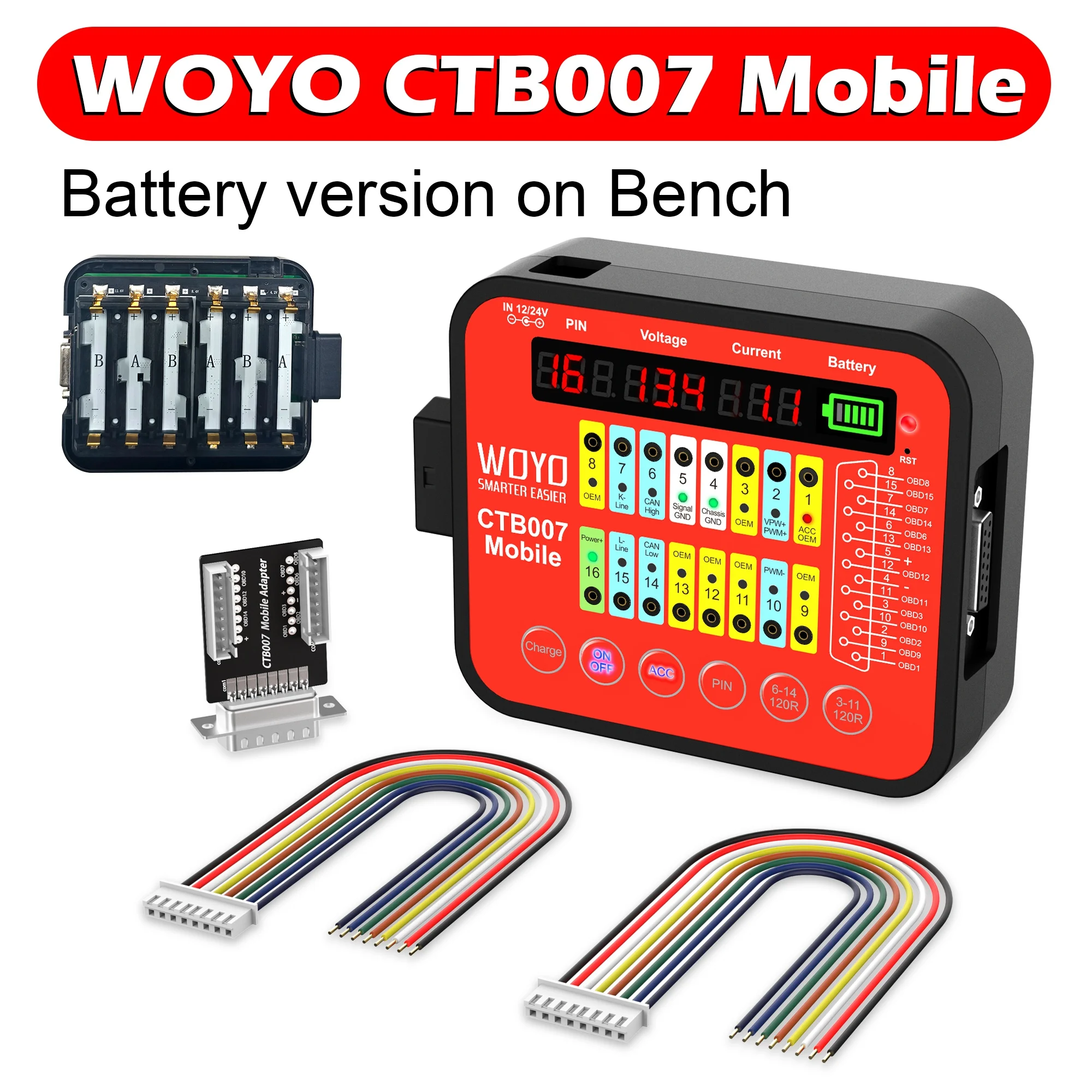 ECU Testing Tool With 2pcs Built-in 120 ohm Resistor, Provide ACC Power, WOYO CTB007 Mobile Support Rechargerable Battery