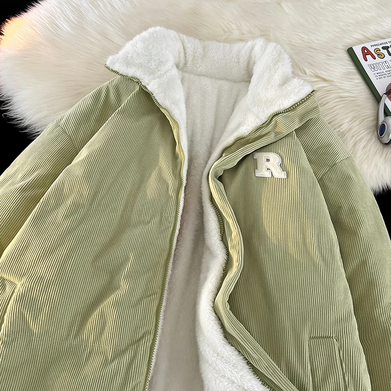 Winter Warm Parkas Women's Vintage Stand Collar Corduroy Jacket Casual Oversize Cotton-Padded Coat Street Y2k