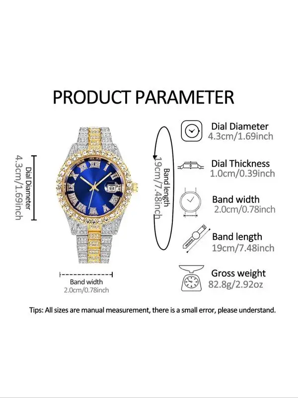 Stainless Steel Watch Set with Roman Numerals, Cuban Link Bracelet & Cross Pendant Necklace, Unisex Casual Quartz Wristwatch Gif