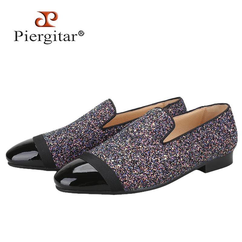 Piergitar Flash Purple Sequined Canvas Slippers With Patent Leather Toes Handmade Men Moccasins For Party And Wedding Plus Size