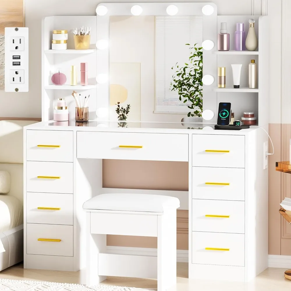 Large Vanity Desk with Mirror and Lights,Glass Top,9 Drawers