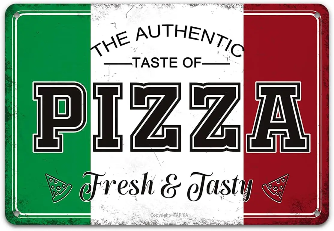 Letreros de chapa para pizza, el sabor Autherntic de y sabroso, letrero de metal vintage de comida rápida para hombres y mujeres, decoración de pared P