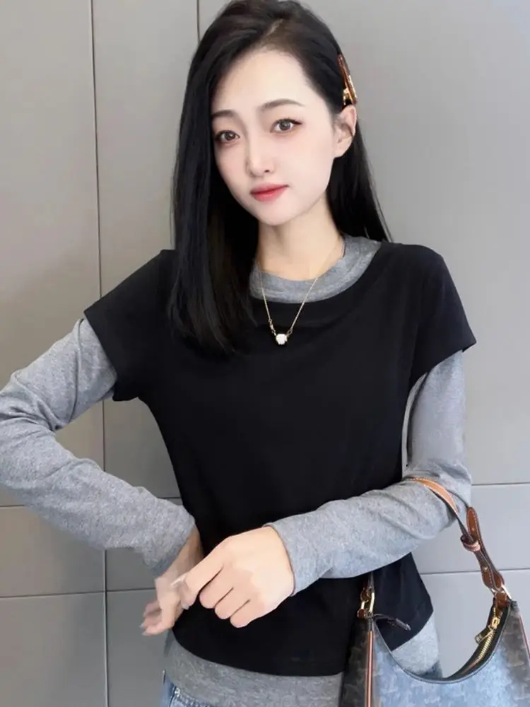 Contraste Fake Two-piece Long Sleeve T Shirts Women's Spring Autumn Loose Thin Thermal Tops Female Inside Shirts Black Grey