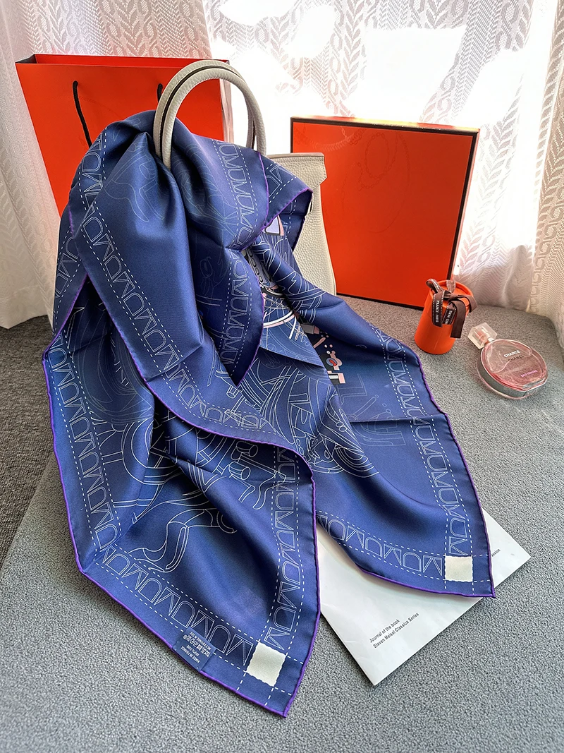 Square Silk Scarf Navy Blue Super Silk Quest New Arrival Double Print 100% Silk 90*90 Cm Shawl Twill Hijab Capital Scarf  Horse