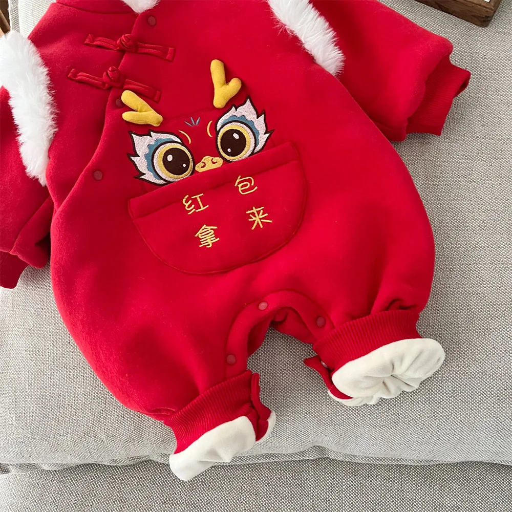 Baby Rompers Long Sleeve Winter Fleece Thicken Warm Newborn Boy Clothes Red Color Chinese Style New Year Baby Girl Onesie