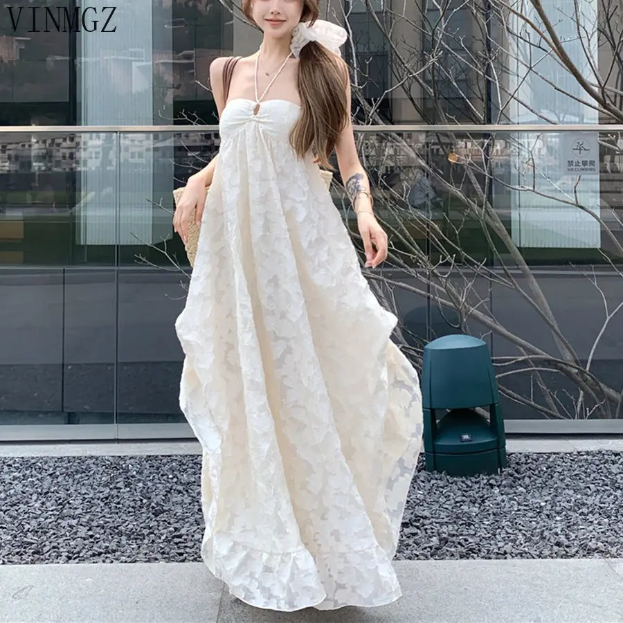 

French neck dress women's summer seaside vacation wind backless long dress super fairy loose a word skirt