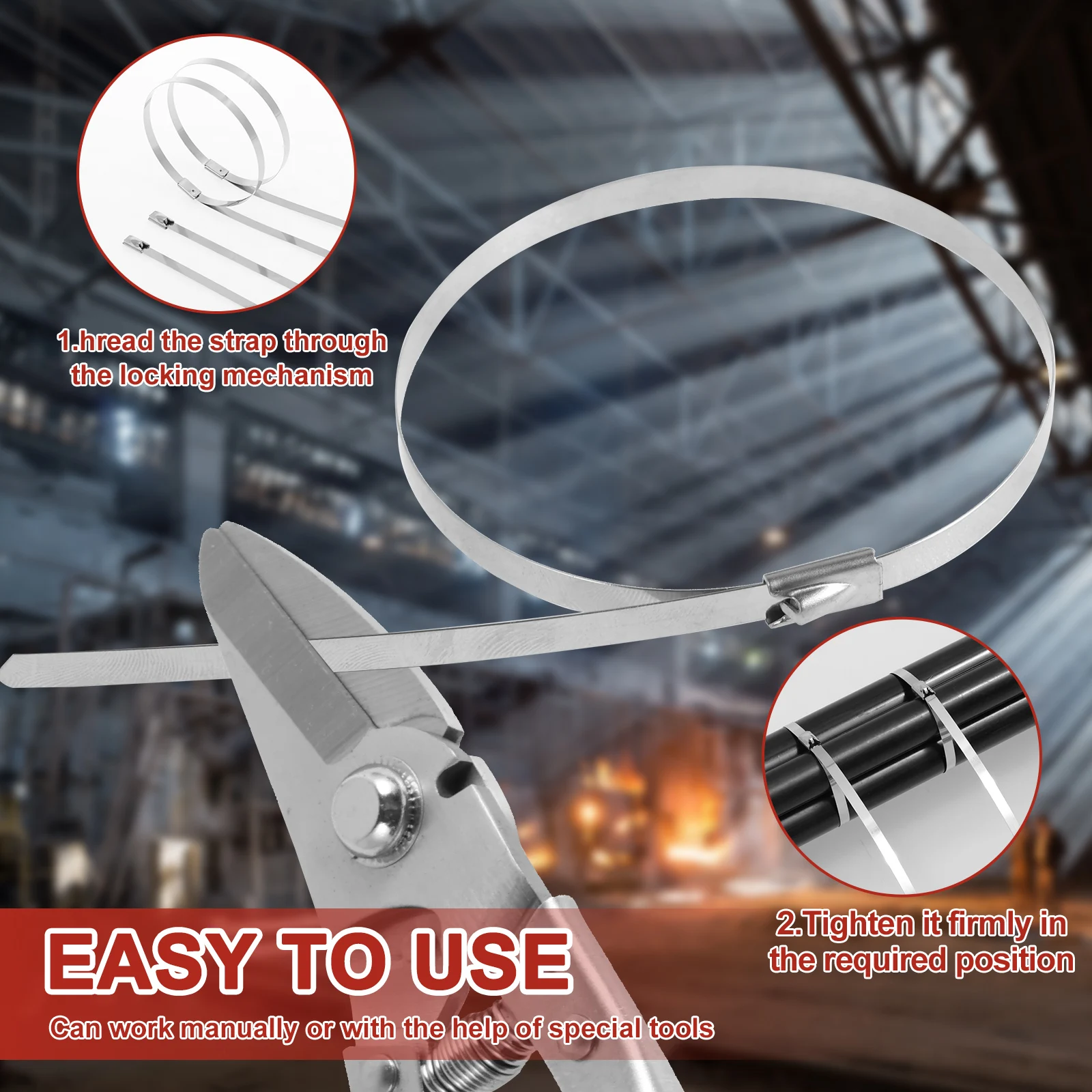 180Pcs Stainless Steel Cable Ties Heavy Duty Heat Proof Reusable Metal Zip Ties Self Locking Fastening Rings for Outdoor Fixed