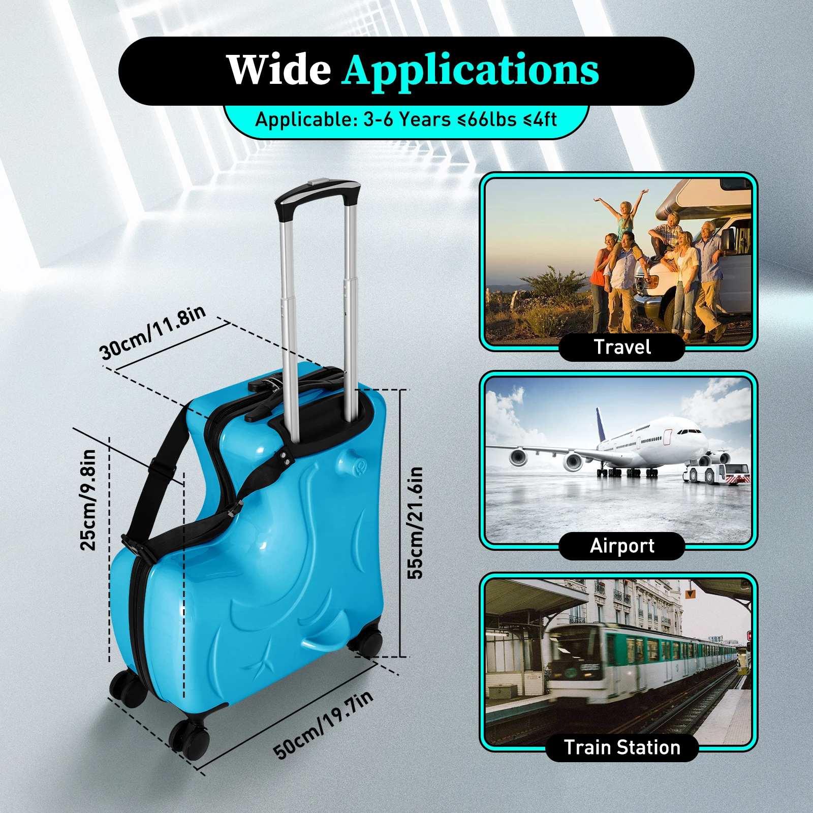 

Blue Modern Horse Shaped Kids Ride-On Suitcase 4 Universal Wheels 3-Digit Password Lock Zipper for 3-6 Years Travel