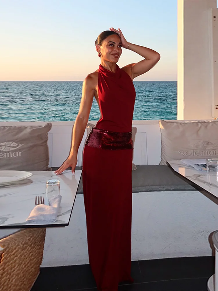 

Sequin Patchwork Elegant Solid Dress Women Fashion Backless Off Shoulder Slim Fit High Waist Halter Robe Lady Party Evening Gown