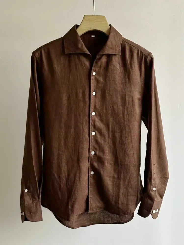Summer Males Casual Lapel Collar Holiday Beach Shirts Soft Comfortable Solid Color Linen Shirts Business Work Long Sleeve Tops