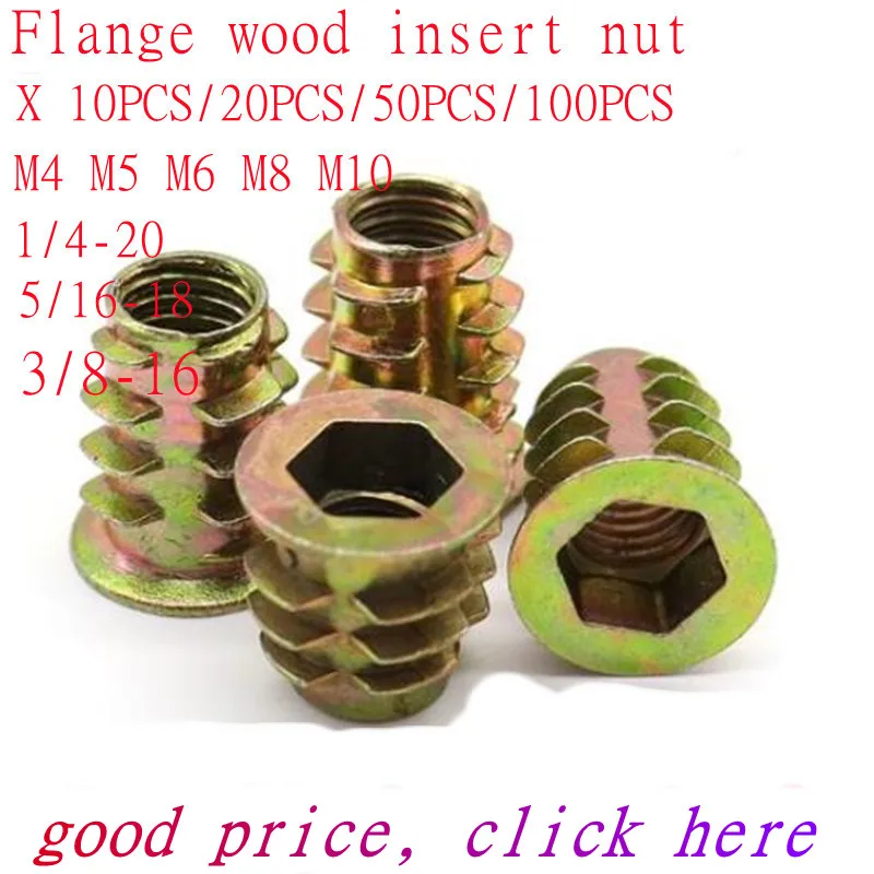 10pcs-50pcs/lot M4 M5 M6 M8 M10 *6/8/10/12/15/18/20/22/25 Zinc Alloy Wood Insert Nut Flanged Hex Drive Head Furniture Nuts